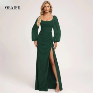 New A-line Bridesmaid Dress Scoop Neck Simple Long Sleeves Side Slit Floor-Length Chiffon Bow Back for Weddings