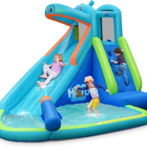 Inflatable Water Slide, Hippo Themed Kids Waterslide Park for Outdoor w/Long Slide&Splash Pool for Racing Fun, Blow up Toddler W