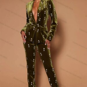 Velvet Crystals Wedding Women Suit Set 2 Piece Blazer Sexy V Neck Jacket Coat Formal Office Lady Guest Prom Trousers Customized