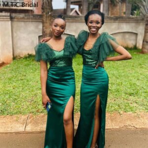 Custom Made 2025 Green African Bridesmaid Dresses Mermaid Side Split Shiny Sequin Satin Maids Of Honor Gowns For Party Wholesale