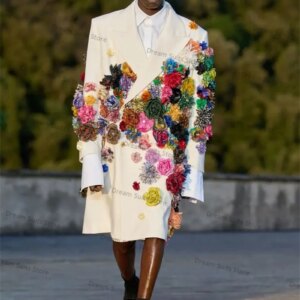 White Men Suits for Wedding 1 Piece Long Blazer 3D Flower Custom Made Jacket Groom Tuxedo Custom Made Cotton Coat Prom Dress