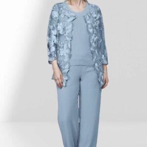 Pantsuit 3 Piece Mother of the Bride Dress Elegant Crew Neck Floor Length Long Sleeve Wrap Included with Lace 2025