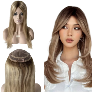 18 inches Brazilian Virgin Human Hair Hairpiece Silky Straight Light Brown Color 8# Lace with PU Unit 7×9 AUS Topper for Women