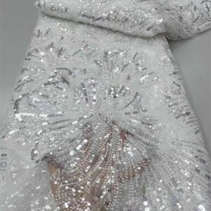High-Quality Nigerian Lace Material Wedding Fabric with Sequins African Handmade Beads French Mesh Beaded Tulle for Special Occa