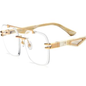 Belight Optical Nature White Black Horn Big Double Bridge Rimless Frame Big Face Men Prescription Eyeglasses Eyewear 10042