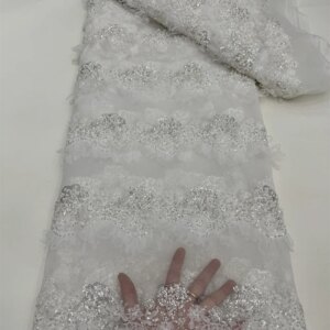 3D Flowers White French Lace Fabric 2025 High Quality Net African Lace Fabric with Beads Sequins Lace Fabrics for Wedding Dress