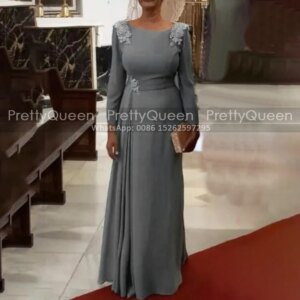 Gray Long Sleeves Mother of the Bride Dresses With Appliques Jewel Neck Customized Sheath Wedding Party Dress For Women