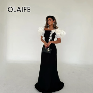 Fashion Boat Collar Satin Ruffles Tiered Formal Saudi Arab Dress Backelss Long Evening Gown with Court فساتين سهرة  Customized