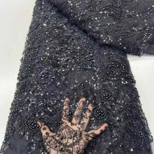 Black African French Net Tulle Beads Lace Fabric 2025 High Quality Beads Embroidery Mesh Lace For Wedding Dress Nigerian Women