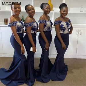 Wholesale Long Navy Mermaid Bridesmaid Dresses For Black Women Off The Shoulder Short Sleeves Appliques Satin Wedding Party Gown