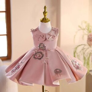 Dreamy Vow Graceful Satin Flower Baby Girl Dress with Bow Sleeveless Embroidered for Kids Wedding Birthday Party Ball Gown J483