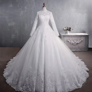 Luxury A Line Women Wedding Dress High Neck Full Sleeves Appliqued Lace Beads Bridal Gown Formal Birthday Red Carpet Robe