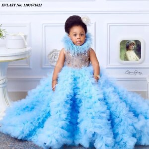 EVLAST Customized Sky Blue Feahter Girl Pageant Dress Flower Girls Dress for Wedding Kids Ruffles Party Gown for Photoshoot FD03