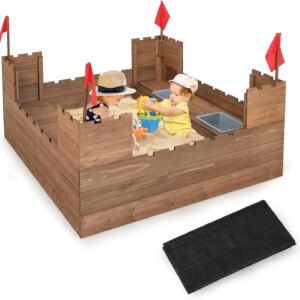 Kids Sandbox, Cedar Wood 45″ x 45″ Sand Pit w/Built-in Bench Seats, Storage Boxes, Flags & Protective Bottom Liner, Outdoor Sand