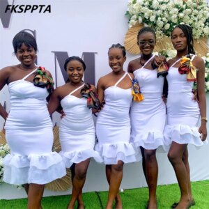 Wholesale White Short 2024 Bridesmaid Dresses For Black Girls Sheath One Shoulder Ruffles Skirt High Quality Maids Of Honor Gown