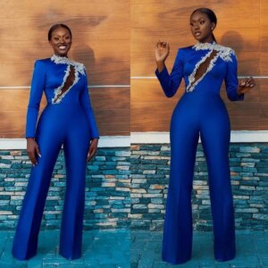Luxury Women Pants Suits One Piece Royal Blue Beaded Lace Carved Jumpsuits Plus Size Customized Evenings Party Celebrity Outfit