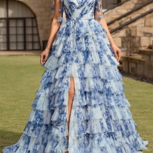 V-Neck Sweep Train Tulle Pleated 3D Floral Prom Gowns Formal Evening Dresses Customed
