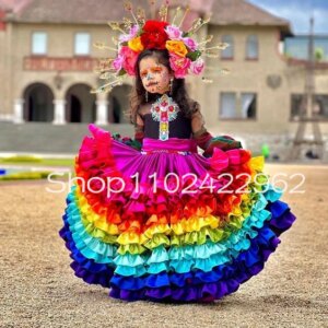Rainbow Black Mexican Flower Girls Dresses Long Sleeve Ruffles Tiered Skirt vestido catrina nina Girls Party Gown customsized