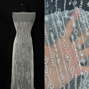 Embroidery French Lace Wedding Dress Embroidered White Tulle Fabric Sequins Beaded Embroidery Lace Fabric