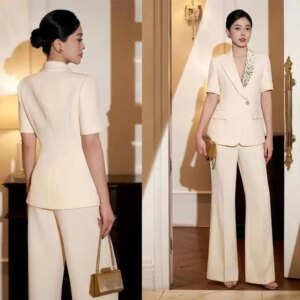 Elegant Women Pants Suits Crystal Beading Formal Lady/ladies Blazer Sets 2 Pieces Business Work Party Wear / Jacket /Outfits