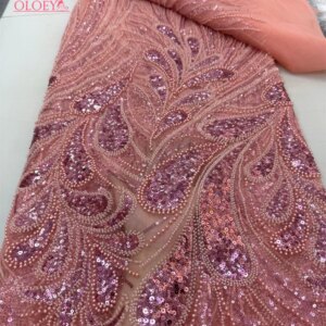Latest Hot Sale Fashion Africa Lace Fabric High Quality Handmade Embroidery Lace With Beads Sequins Party For Wedding Dress