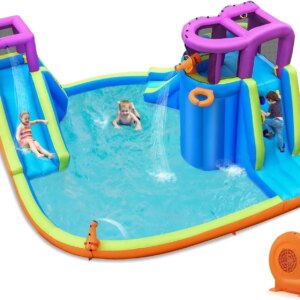 Inflatable Water Slide Park 750W Air Blower, 15×14.5FT Mega Kids Waterslide Outdoor w/Dual Slides&Climbing for Racing Fun