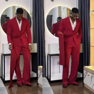 Designer Red Wedding Tuxedos 2 Piece Set Jacket Pants With Ribbon Men Suit Peaked Lapel Groom Wear Party Suits Customized