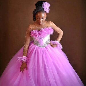 Customized Luxurious Flower Girl Wedding Dress Beaded Feather Long Sleeves Girls Birthday Party Prom Dress First Communion Gown