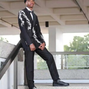 Crystals Black Men Suit Set 2 Pieces Blazer+Pants Trousers Appliqued Groom Wedding Tuxedo Formal Office Cotton Customized Jacket