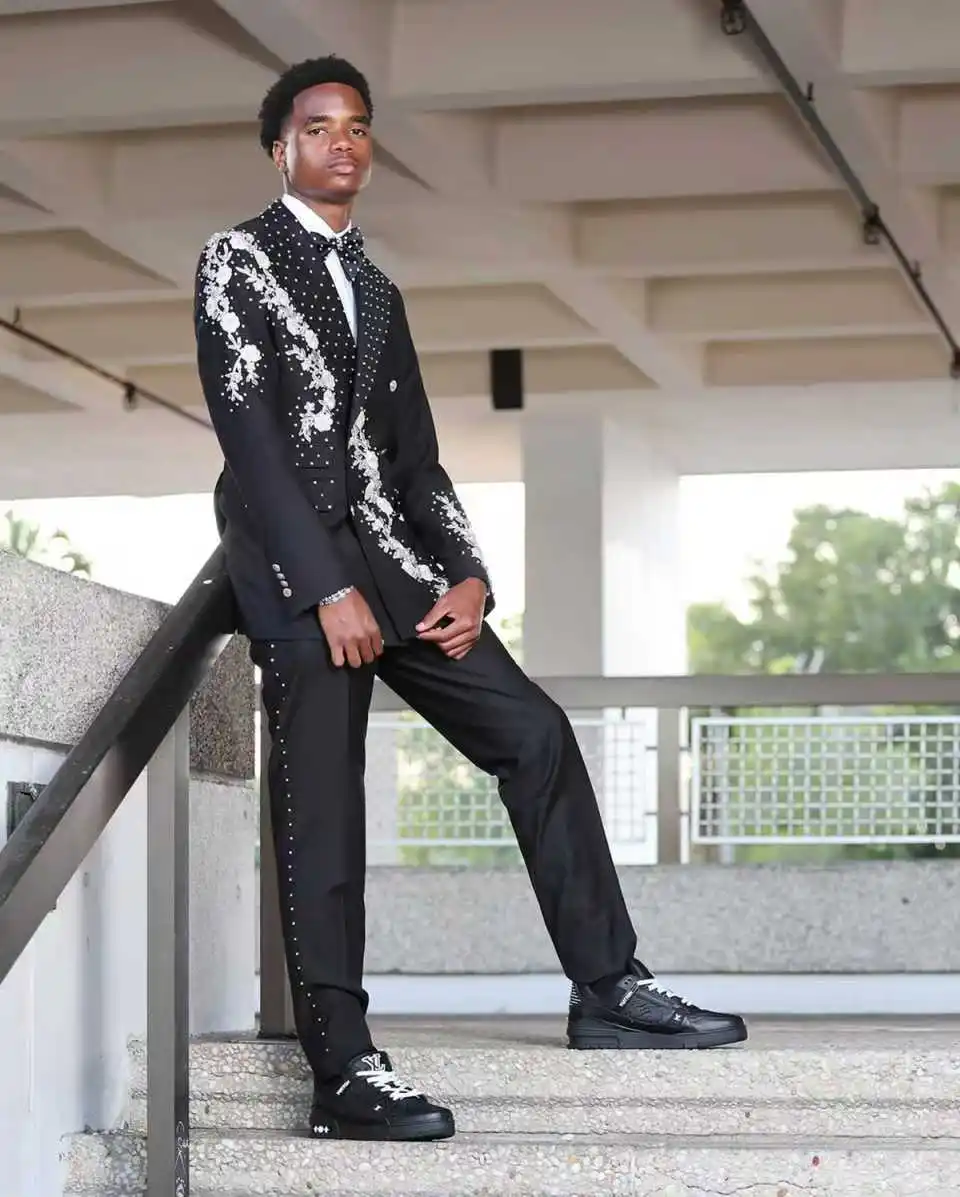 Crystals Black Men Suit Set 2 Pieces Blazer+Pants Trousers Appliqued Groom Wedding Tuxedo Formal Office Cotton Customized Jacket
