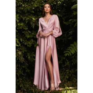 QueensLove Bridesmaid Dress Long Sleeves V-neck Evening Dress A-Line Split Prom Dress Backless Satin Party Dress Grown