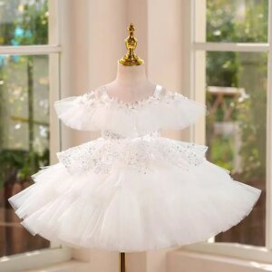 Jill Wish Sparkly White Flower Girl Dress Off Shoulder Princess Toddler Kids Wedding 1st Birthday Pageant Party Ball Gown J454