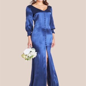 Customized Elegant Satin Long Sleeve Flare Maxi Dress V Neck Center Button Decorated Front Slit Mommy Party Evening Dress
