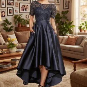 Mother of the Bride Dresses Dark Navy A-Line Wedding Guest Dress Lace Satin Short Sleeve Groom Mom Prom Evening Gowns Customized