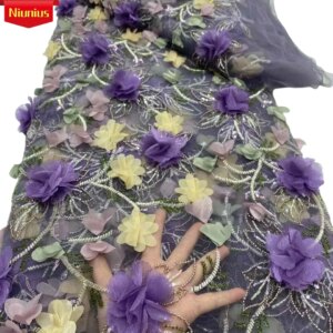 2025 Classic 3D Applique Fabric High Quality Latest African Tulle Mesh Lace with Beads Stones For Wedding Dress NN3896_K