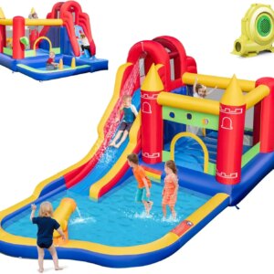 Inflatable Water Slide with 735w Blower, 9 in 1 Waterslide Bounce House Water Park w/Splash Pool, Ball Pit with 50 Balls