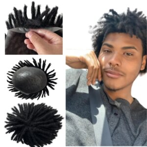 Burmese Virgin Human Hair Replacement 1# Jet Black Color 3 inches Short Dreadlocks Knots PU Toupee 8×10 Skin Unit  for Black Men