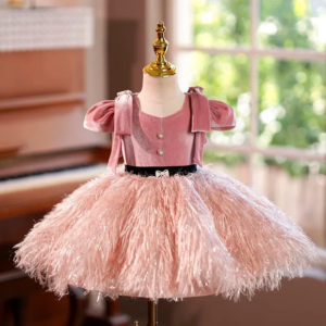 Jill Wish Elegant [Pink Flower Girl Dress with Feathers Princess Toddler Kids Wedding 1st Birthday Pageant Party Gown J419
