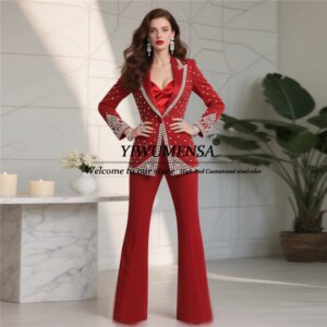 Beaded Stones Mother Of Bride Dresses Customized trajes de mujer elegante Single Breasted Prom Blazer Pants 2 Pieces Suit Women