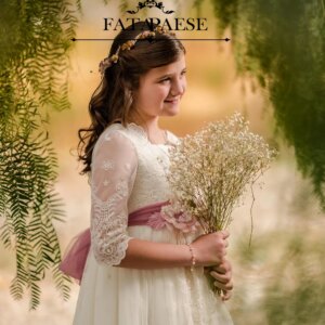 FATAPAESE Vestido de Comunión  Bow Half Sheer-Lace Sleeve Double Layered Floral Embroidery MiniBride Ceremony Dresse Girl Weddin