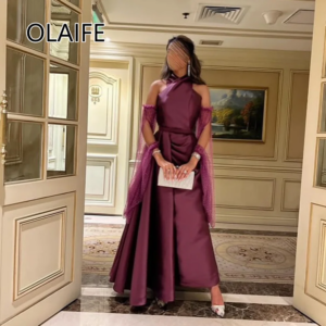 Modest Halter Satin Solid Saudi Arab Dres A-line Evening Gown Floor-Length فساتين سهرة Customized
