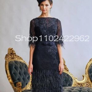 Customized Navy Blue Knee-length Sheath Mother of the BrideDress with Half Sleeve Lace Embroidery Feather Wedding PartyGuestGown