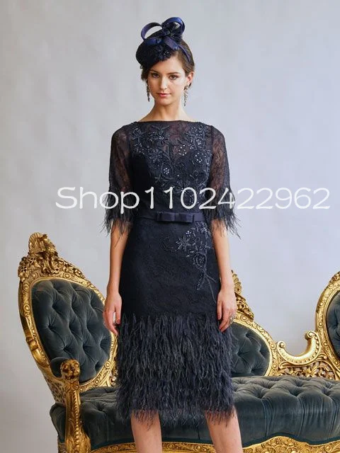 Customized Navy Blue Knee-length Sheath Mother of the BrideDress with Half Sleeve Lace Embroidery Feather Wedding PartyGuestGown