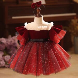 Jill Wish Elegant Burgundy Flower Girl Dress Pearls Puffy Sleeve for Princess Kids Wedding Birthday Holiday Party Ball Gown J492