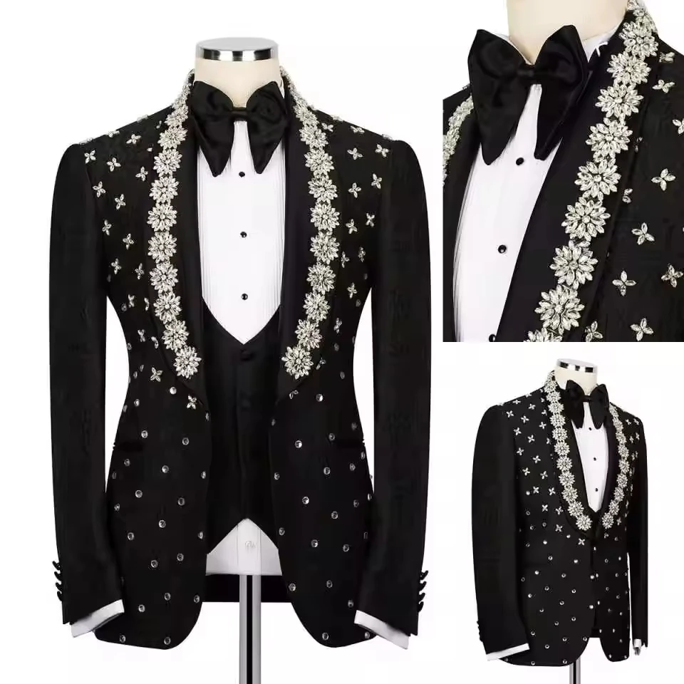 Crystal Diamond Groom Suits Blazer One Piece Plus Size Shawl Lapel Outwear Coat Customized Evening Party Pocket Jacket