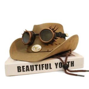 Gothic style riveted steam goggles for men and women high quality leather large eaves hat sunshade cowboy