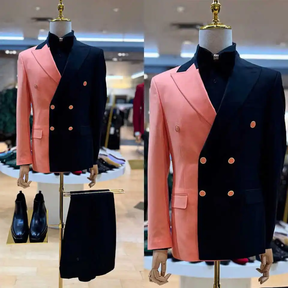 Contrasting Colors Men Suits Customized Double Breasted Groom Wedding Party Tuxedos 2 Pieces Slim Fit Male Blazer Costumes Homme