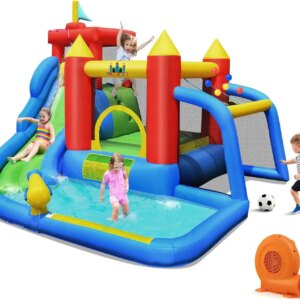Inflatable Water Slide, 7 in 1 Waterslide Park Bounce House for Kids Outdoor Fun with Football Gate, 750W Blower, Water Sli