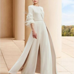 Customize Jumpsuit Mother of the Bride Dress Wedding Guest Elegant Jewel Neck Ankle Length Half Sleeve with Feather Crystals