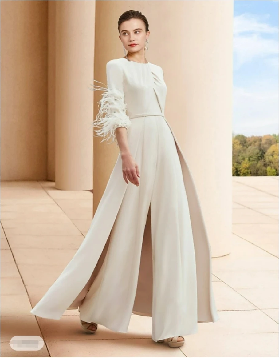 Customize Jumpsuit Mother of the Bride Dress Wedding Guest Elegant Jewel Neck Ankle Length Half Sleeve with Feather Crystals
